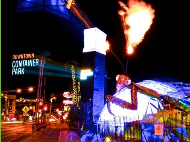Container Park's Fire Breathing Praying Mantis Sculpture