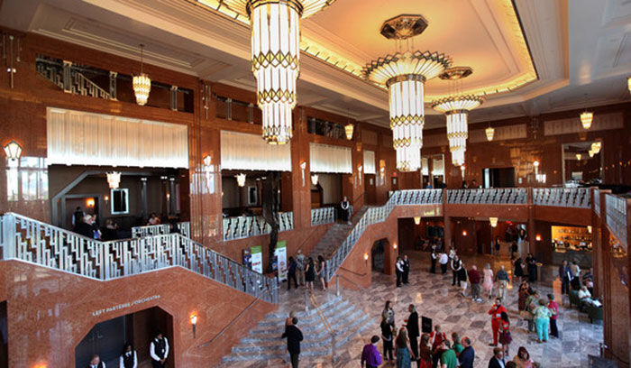 Art deco interior view of The Smith Center lobby